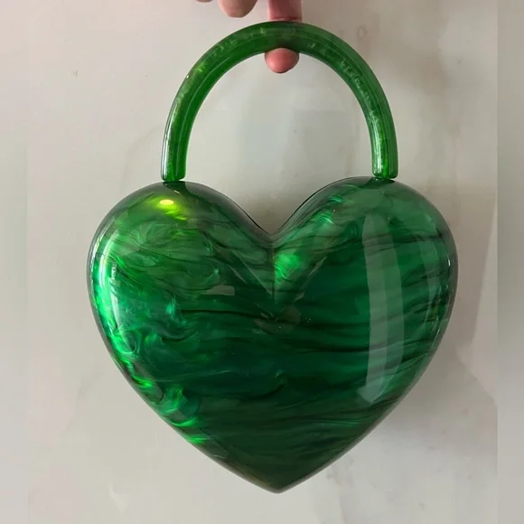 Anthropologie Green Heart Shaped Clutch Acrylic Hard Shell - Picture 8 of 10